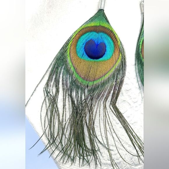 Peacock Eye Feather Wispy Mystical Dangle Earrings Gypsy Hippie 70s Jewelry New - Picture 2 of 6